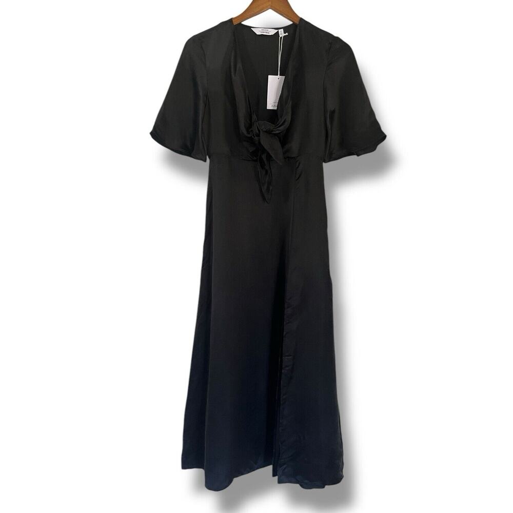 & Other Stories Black Silk Blend Satin Tie Front Midi Dress Sz 2 Flutter Sleeve - Picture 2 of 12